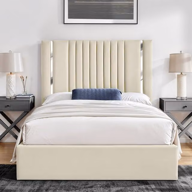 UK Bed Furniture Valencia Modern Upholstered Slatted Base Bed in Beige, W/D/H: 140 x 200 cm