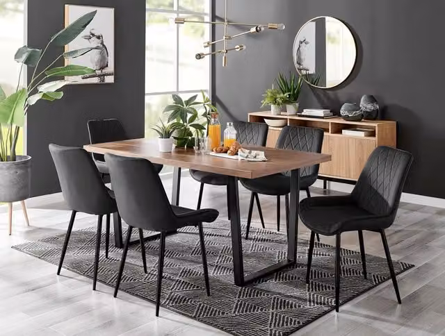 FurnitureboxUK Kylo Brown Wood Effect Dining Table and 6 Pesaro Black Velvet Chairs