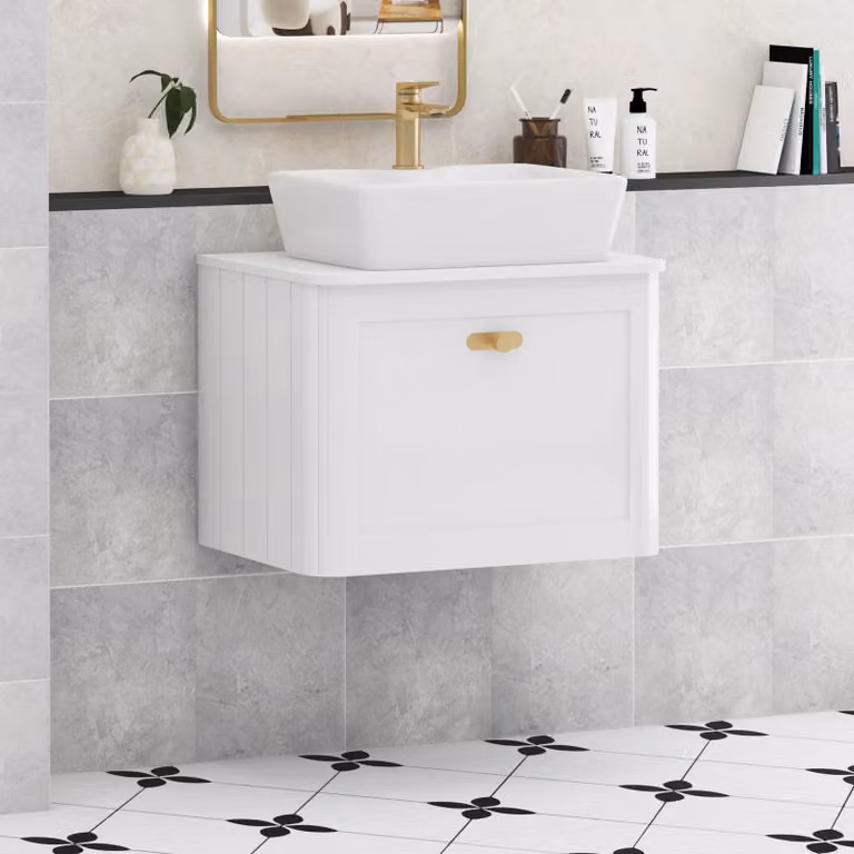 Royal Bathrooms Henley 600mm Gloss White Wall Hung Vanity Unit with Cube Basin and Brushed Brass Knob