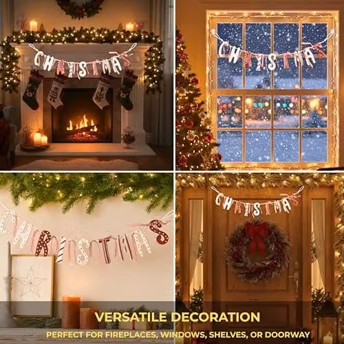 Shatchi Vintage Country Style Tartan and Cream Wooden Christmas Garland Banner with Red and White Checked Pennants – 3
