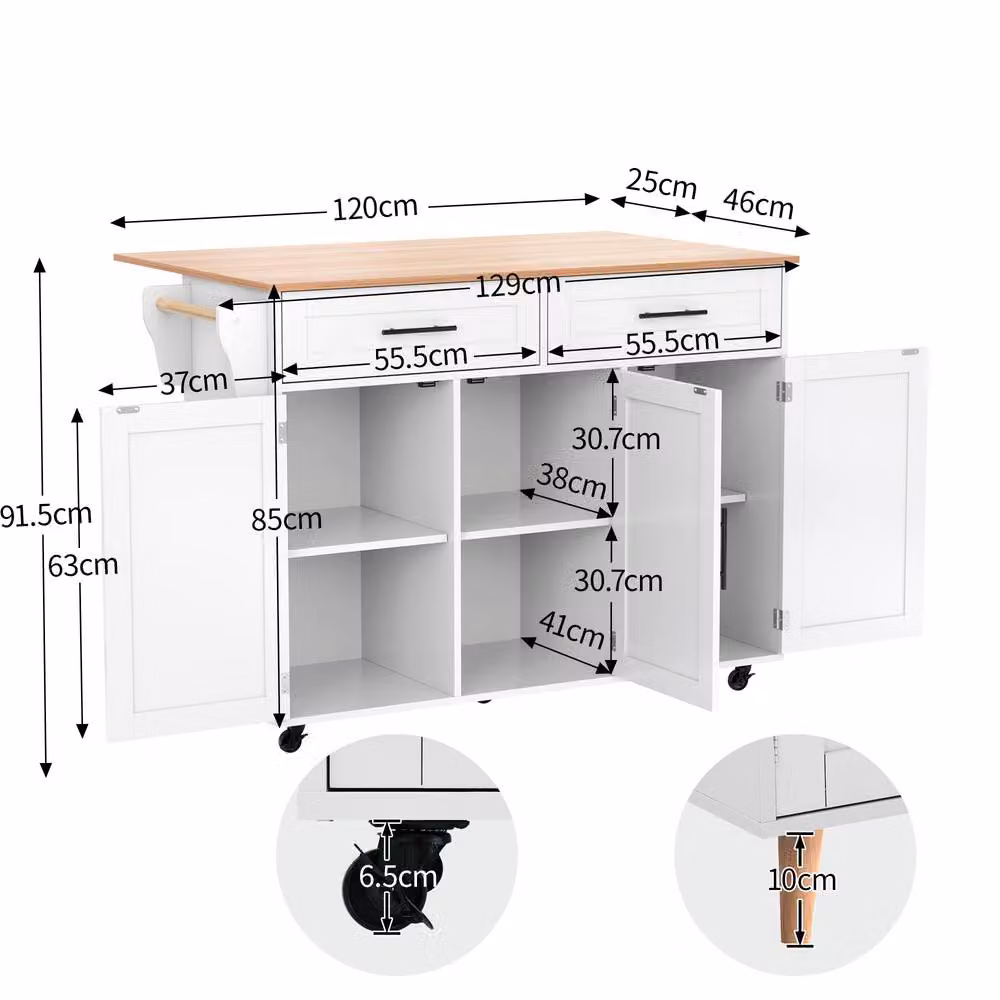 Matteo White and Natural Modern Kitchen Island with Foldable Top, Storage and Wheels – 2