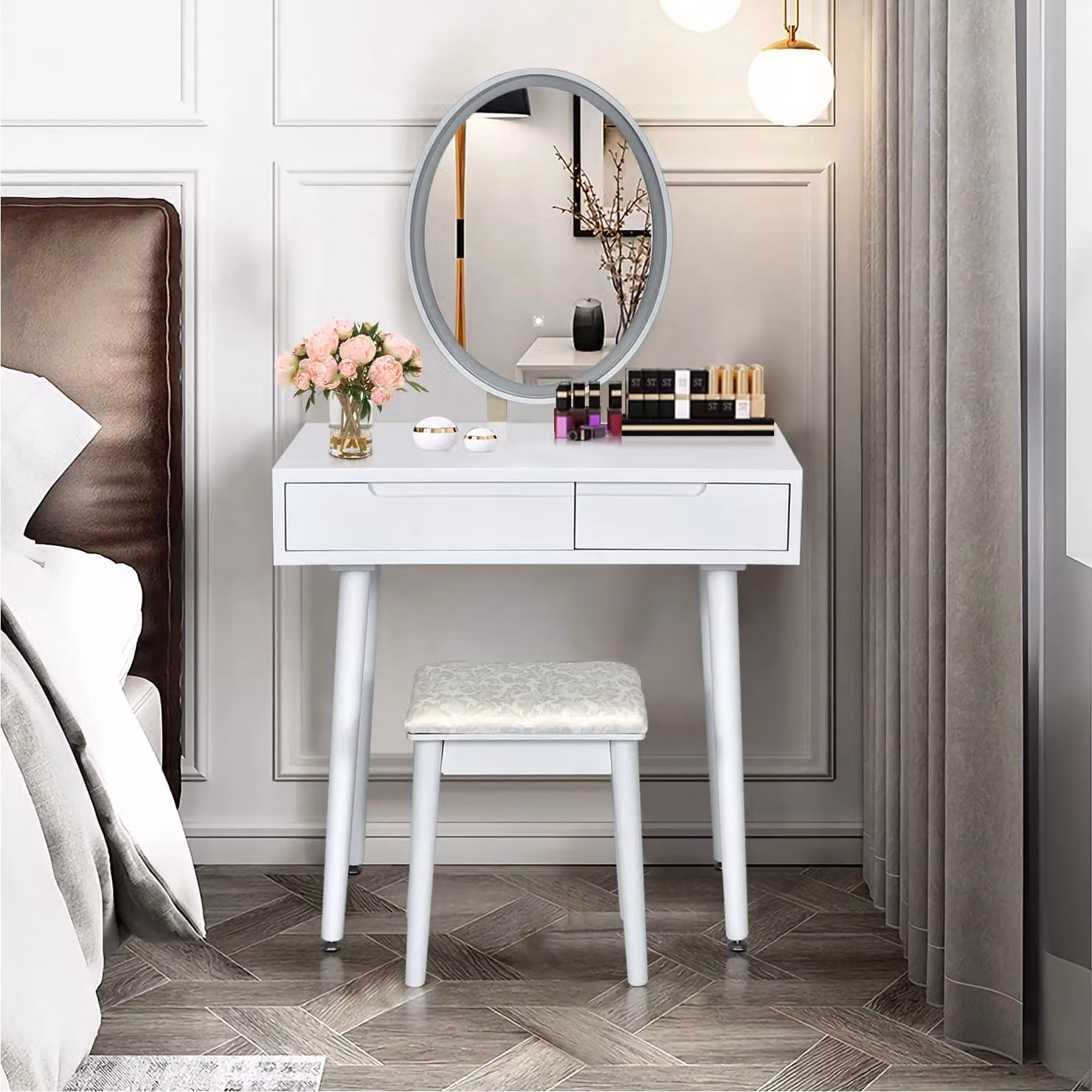 Costway Modern White Vanity Table Set with Hollywood LED Lighted Mirror and Rubberwood Construction – 2