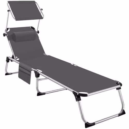 tectake Aurelie Folding Sun Lounger in Grey with Powder Coated Aluminium Frame, Sun Canopy and Adjustable Headrest