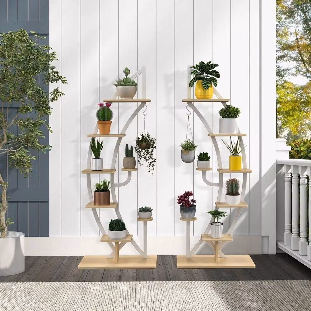 Havendro 2-Piece White Half Moon Curved 8-Tier Wooden Plant Ladder Stand – 2