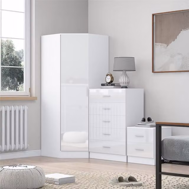 REFLECT Bedroom Furniture Bundle featuring Corner Wardrobe, Chest of Drawers and 2 Drawer Bedside Table in White Gloss and Matt White