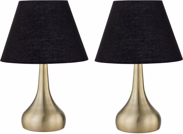 First Choice Lighting Romana Set of 2 Antique Brass Touch Table Lamps with Black Fabric Shades