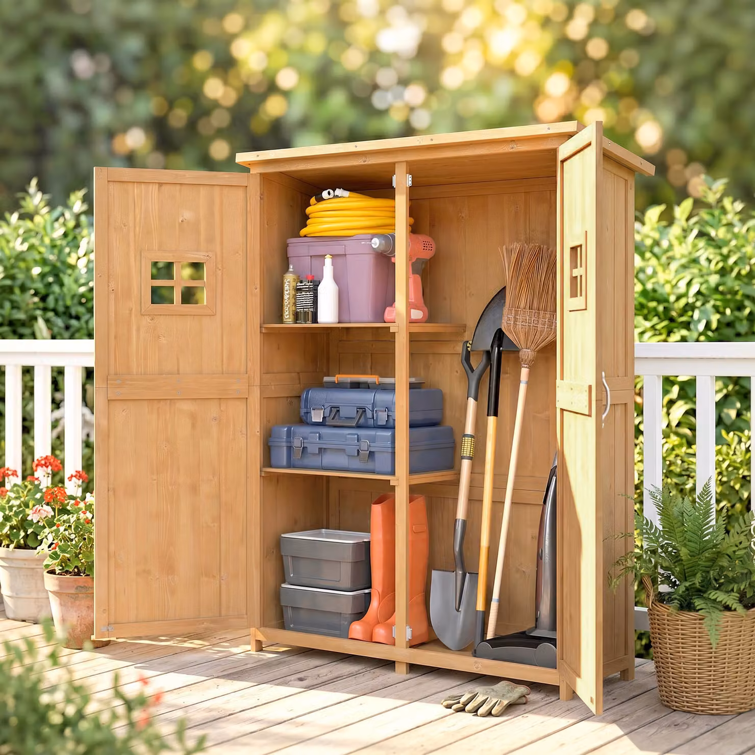 Outsunny Wooden Garden Storage Shed with Double Doors, Internal Shelves and Windows, W/D/H: 127.5 x 50 x 164 cm, Rustic Brown – 2