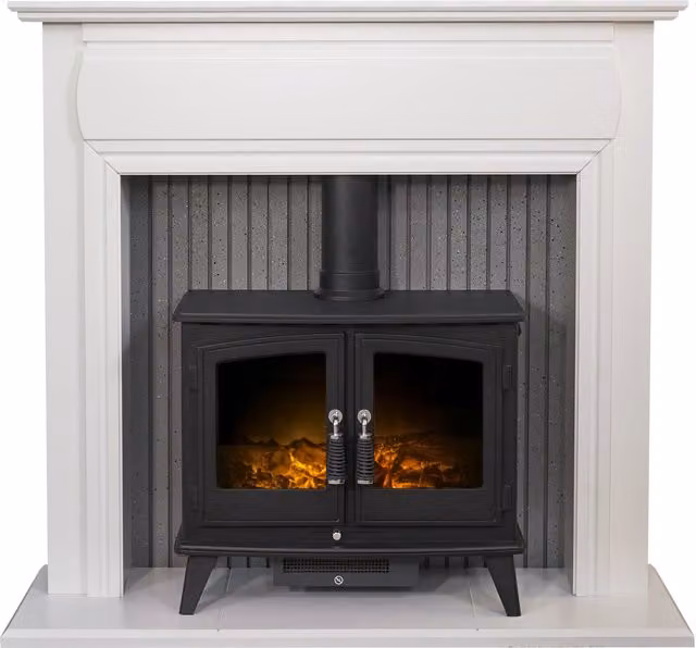 Adam Fires & Fireplaces Florence Stove Fireplace in Pure White and Woodhouse Electric Stove in Black, 48 Inch – 1