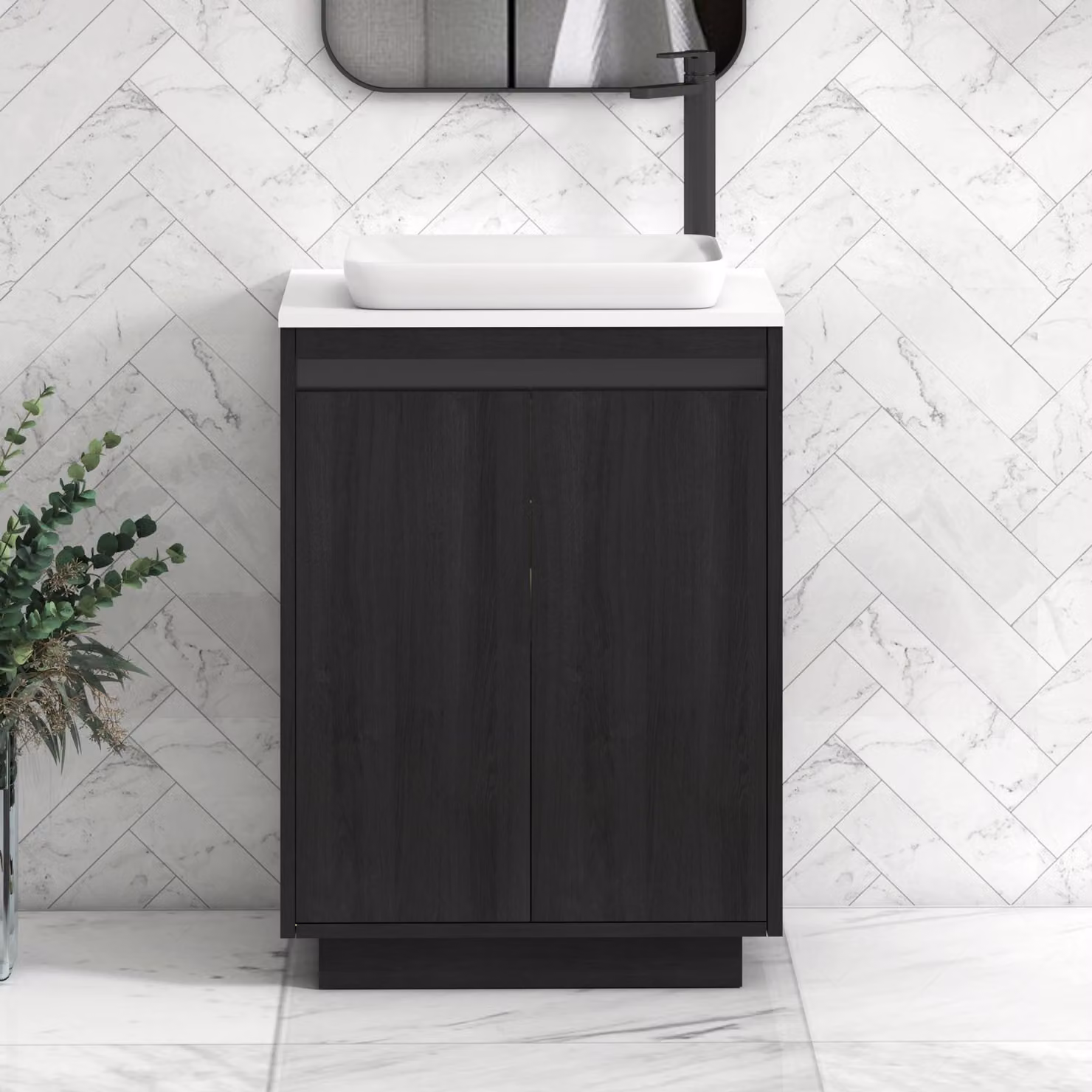 Royal Bathrooms Orion 600mm Hale Black and Plain White Floor Standing 2 Door Vanity Unit with Qubix Basin and Black Accent Trim