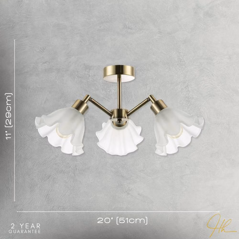 Happy Homewares Traditional Ceiling Light Fitting with Frosted Scallop Glass Shades in Gold and White – 3