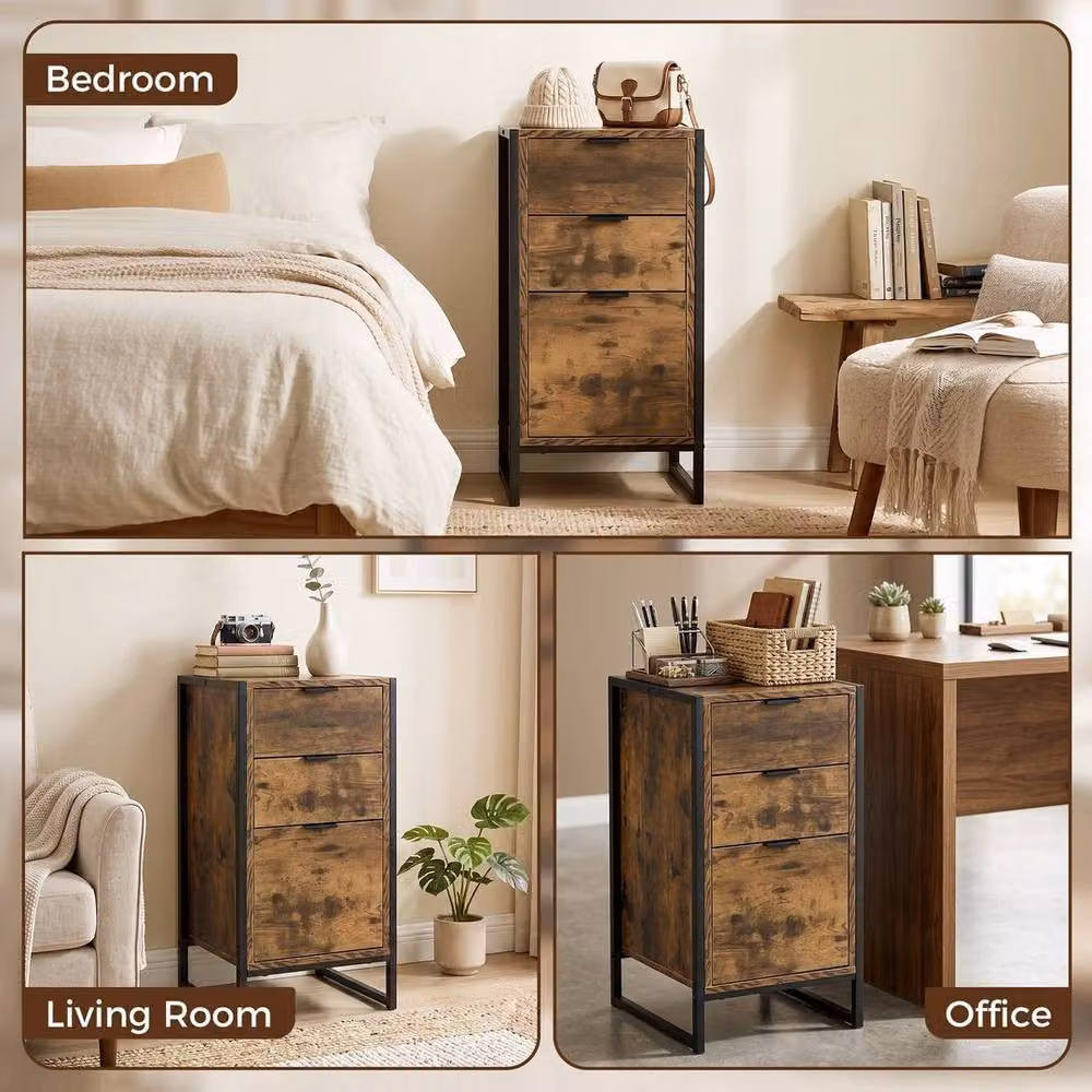 PAWNORA 3-Drawer Industrial Bedroom Chest of Drawers in Brown – 3