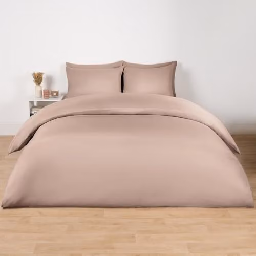 OHS Plain Dyed Microfibre Polyester Duvet Cover and Pillowcase Set in Beige and Brown, W/D/H: 200 x 200 cm – 1