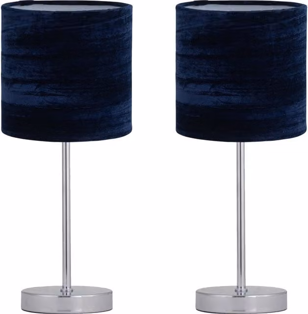 First Choice Lighting Set of 2 Chrome Touch Table Lamps with Navy Blue Fabric Shades