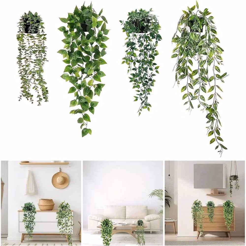 PAWNORA 4-Pack of Artificial Hanging Green Plants in Pots – 2