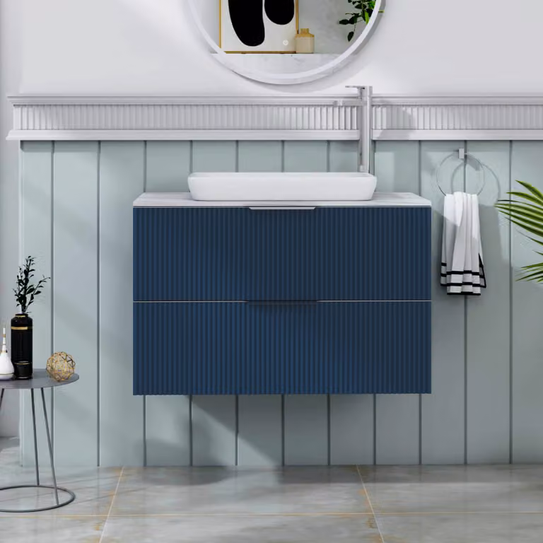 Royal Bathrooms Evora Midnight Blue Fluted Wall Hung Vanity Unit with Qubix Basin and 2 Drawers