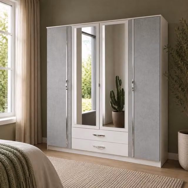 Duo Matt White and Grey 4 Door 180cm Wardrobe with Mirror