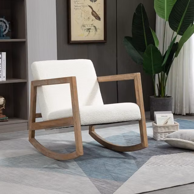 HOMCOM Scandinavian Bouclé Rocking Chair with Armrests and Solid Wood Base in Beige and White