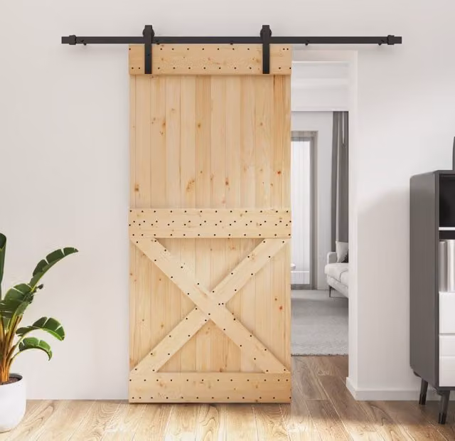 Berkfield Home Rustic Sliding Door with Hardware Set, Solid Wood Pine, Brown, W: 95 cm, H: 210 cm – 1