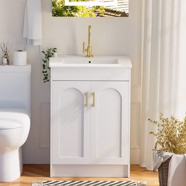 KEEPREAPER Sleek White Glossy Mid-Century Bathroom Vanity Unit with Ceramic Wash Basin and 2 Soft-Close Hinged Doors