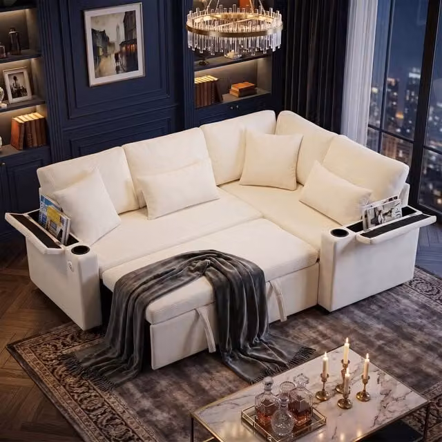 FENCHILIN L-Shaped Sofa Bed in Beige with Pull-out Sleeper, USB Charging and Armrest Storage – 1