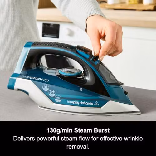 Morphy Richards EasyCharge+ 2400W Cordless Steam Iron with Ceramic Soleplate, Vertical Steam and Auto Shut-off, Deep Lagoon Blue – 12