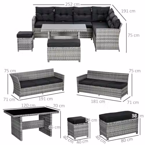 Outsunny 5 Piece L-Shape Rattan Garden Furniture Set in Grey with 3-Seater Sofa, Coffee Table, Ottoman and Cushions – 6