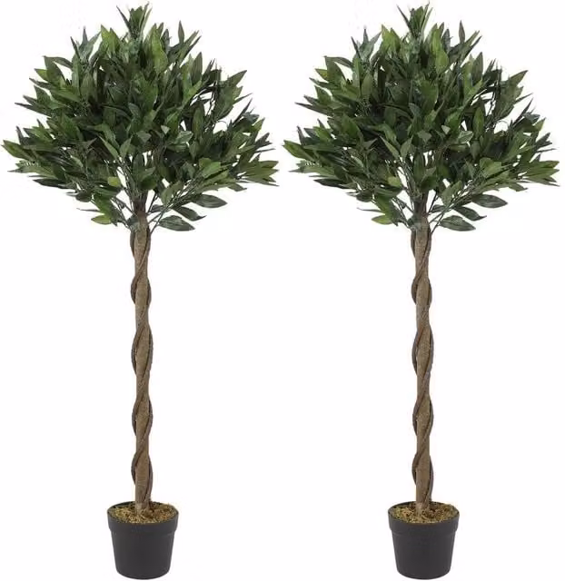 NESTLUNE Set of 2 Artificial Bay Laurel Topiary Trees with Twisted Trunk in Green