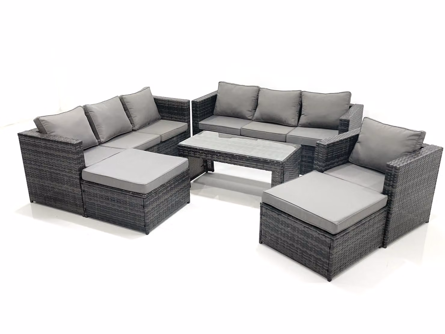 Fimous 9 Seater Rattan Garden Furniture Set in Dark Grey with 3 Seater Sofa, Coffee Table and 2 Ottomans – 2