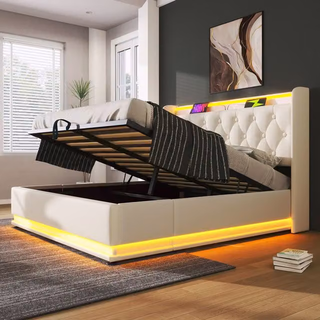 Aosom UK Upholstered Double Ottoman Bed Frame in White with LED Lighting, USB Charging Port and Hydraulic Storage, W/D/H: 148 x 206 x 104 cm – 1
