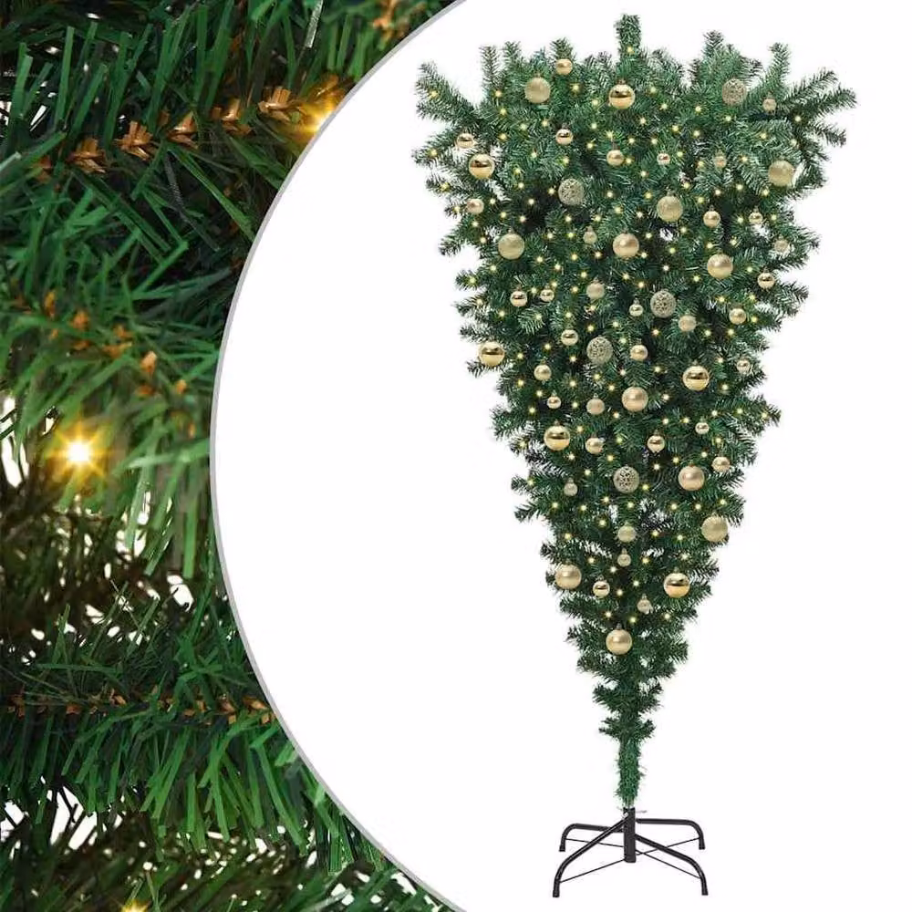 Berkfield Home Upside-down Artificial Pre-lit Christmas Tree with Ball Set in Green and Black – 2