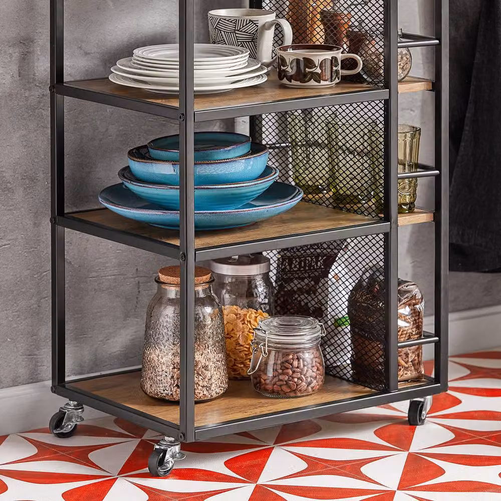 SoBuy Industrial Kitchen Trolley on Wheels with 1 Drawer and 4 Shelves in Brown and Black – 3