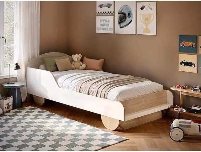 Flair Oliver Car Wooden Single Bed in White and Oak, W/D/H: 90 x 200 x 75 cm – 1