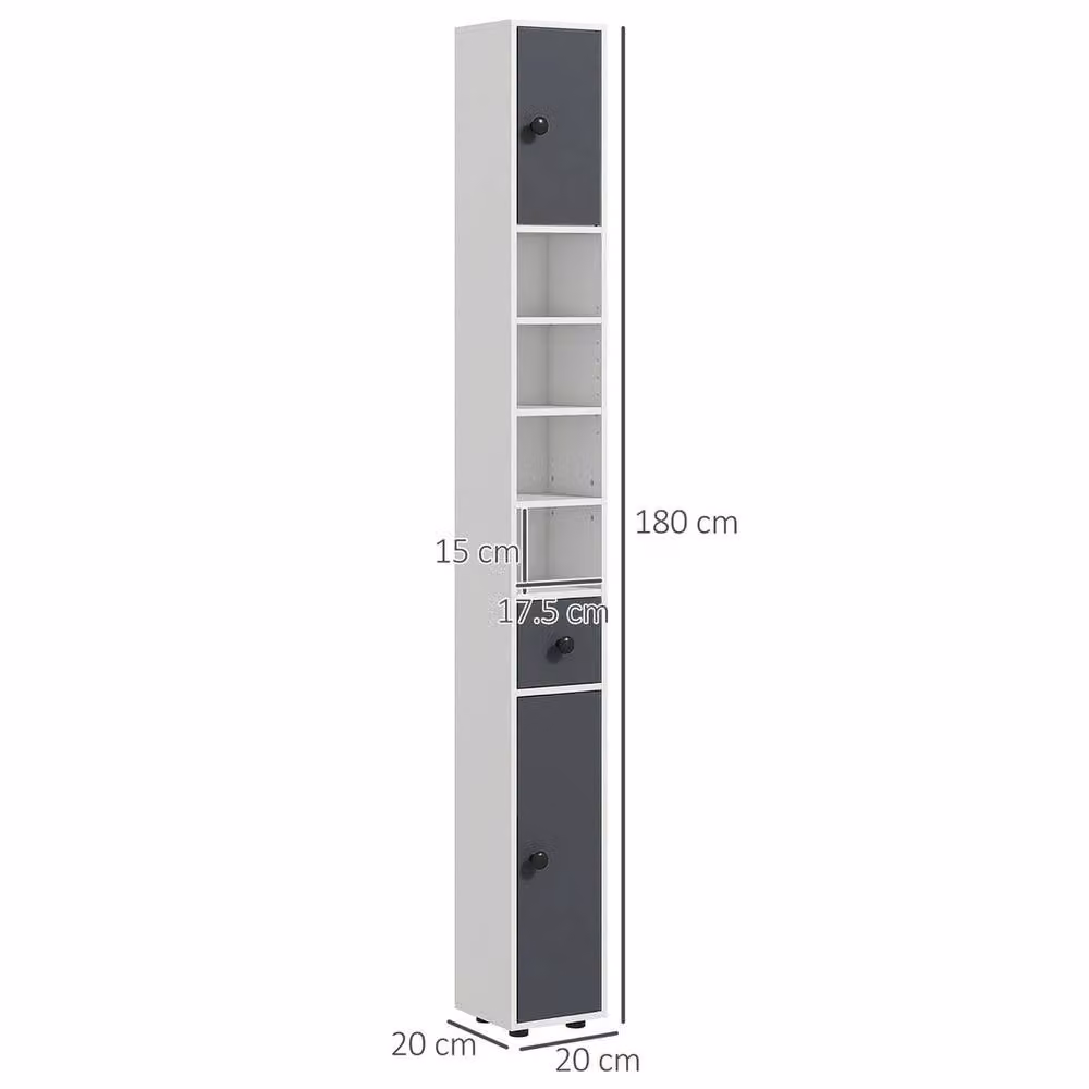 VOGREX Grey Slim Bathroom Cabinet with Open Shelves and Matt Finish, H 180 x W 20 x D 20 cm – 2