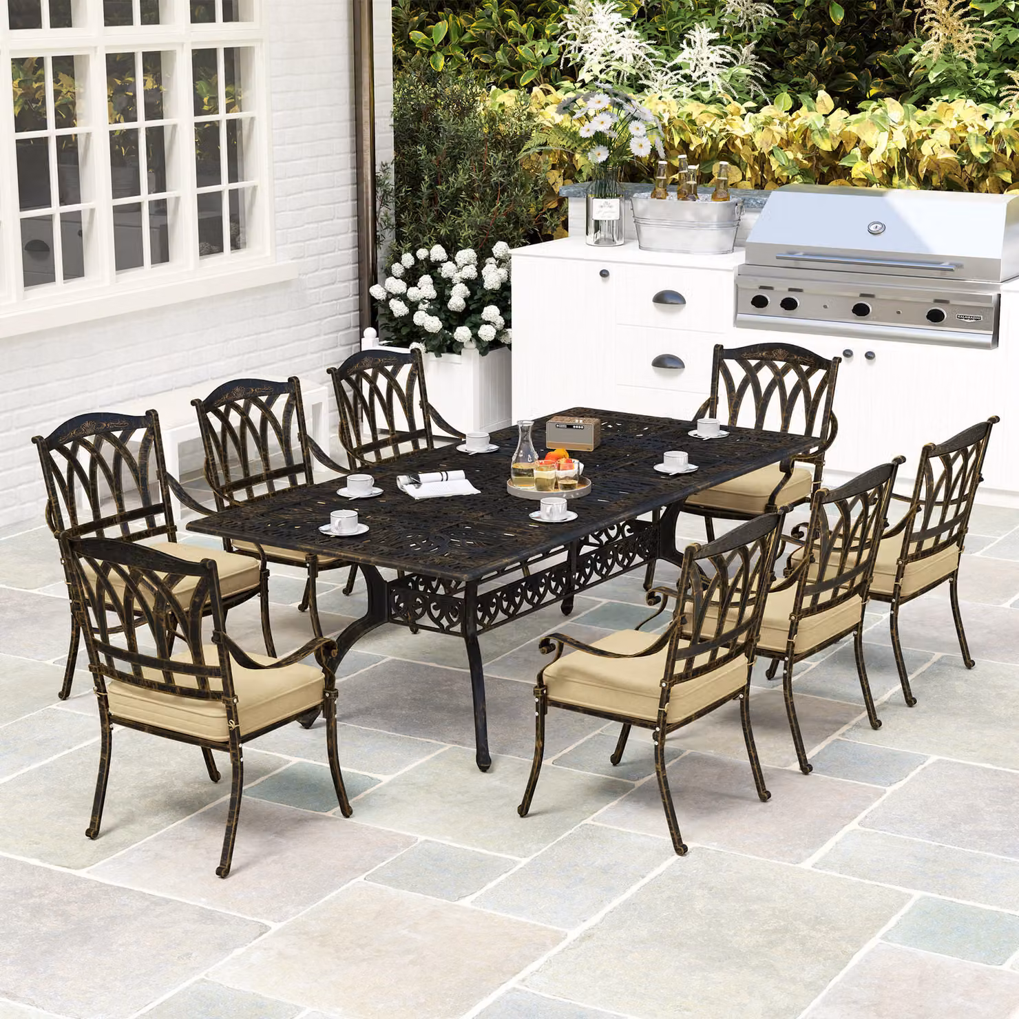 Outsunny Nine-Piece Cast Aluminium Garden Dining Set in Brown Matt Finish – 8