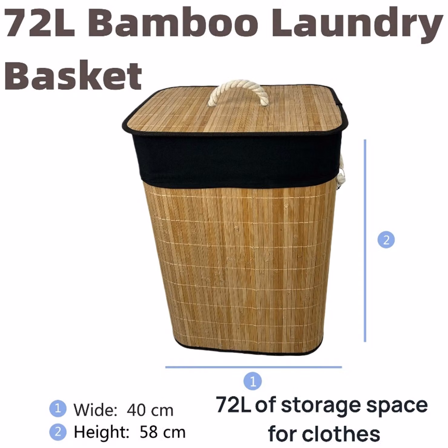 Gr8 Home Bamboo Folding Laundry Basket with Lid and Handles, Brown, W/D/H: 40 x 30 x 72 cm – 2