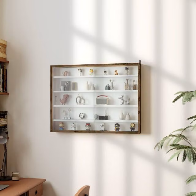 HOMCOM 5-Tier Wall Mounted Display Shelf Unit with Glass Doors in Brown – 1