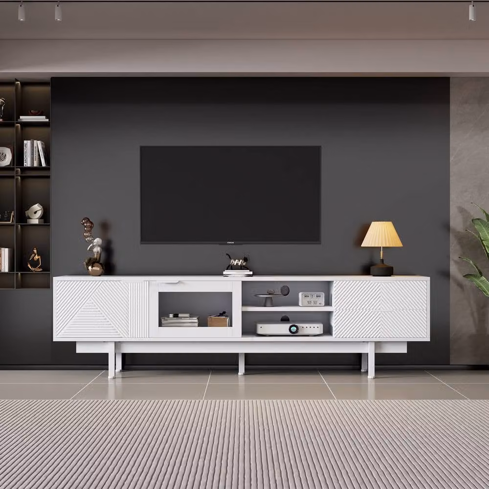Rolipo Modern White TV Unit Cabinet with Media Compartments and Cable Management, Width: 200 cm – 5