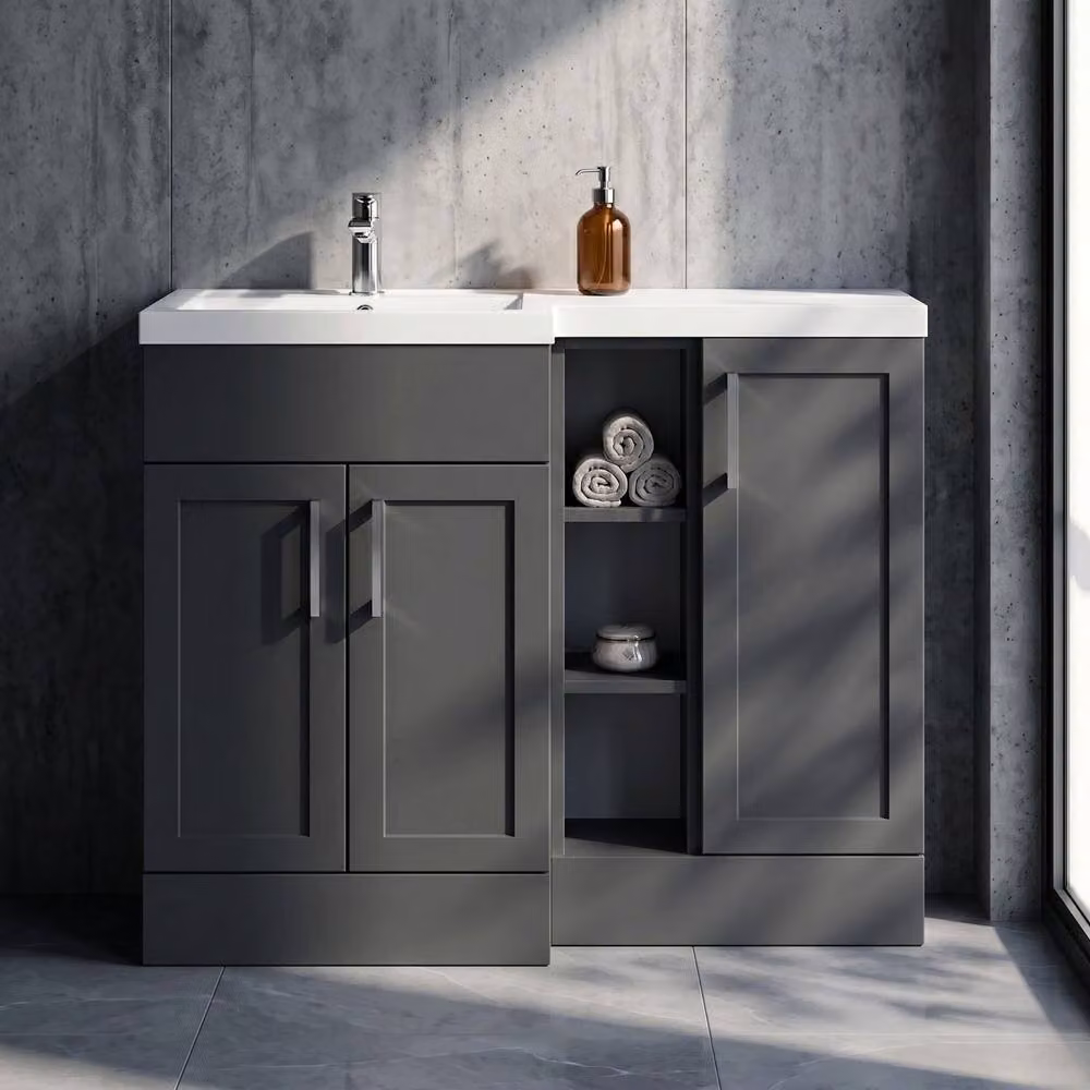 Balterley Pirehill Traditional Floor Standing Vanity Basin Combination Unit in Grey with Soft Close Doors and Open Shelves, W: 100 cm, H: 85.5 cm, D: 60.75 cm – 3