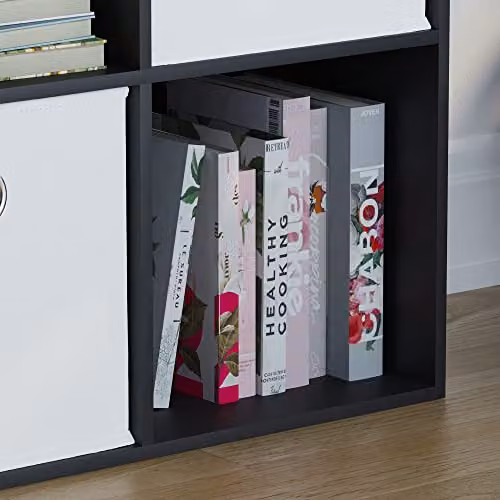 Vida Designs Durham 4 Cube Bookcase Storage Organiser with 2 White Baskets, Black – 3