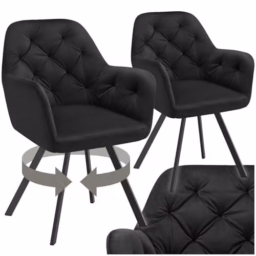 tectake Set of 2 Lucia Armchairs in Black with Geometric Pattern and Matt Metal Legs