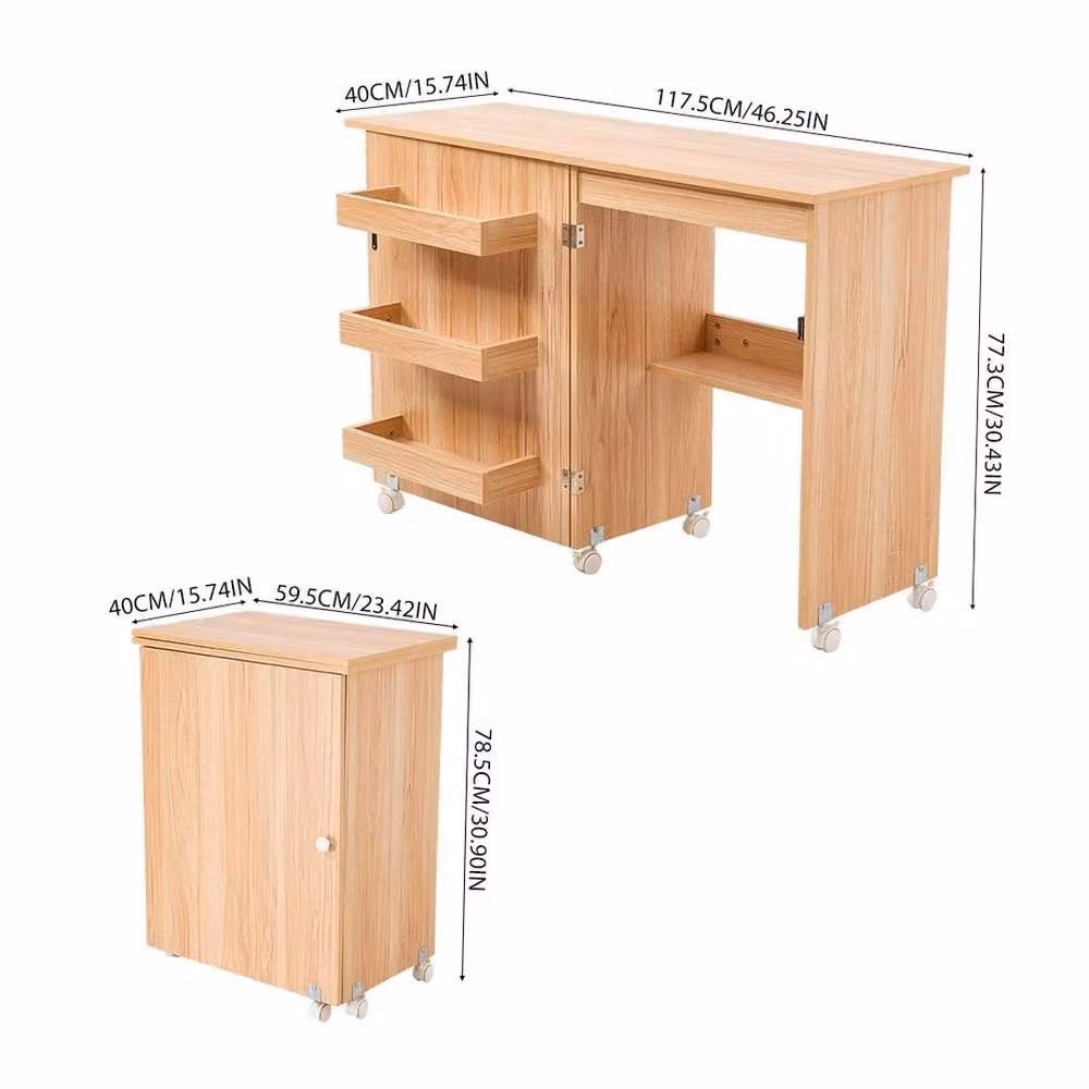 KORVIXA Walnut Folding Sewing Table and Multipurpose Craft Station Cabinet Desk in Light Oak, Brown, W/D/H: 100 x 100 x 100 cm – 2