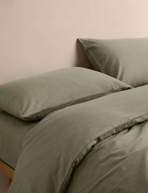 M&S Pure Cotton Brushed Flannelette Bedding Set in Khaki, W: 180 cm x L: 200 cm