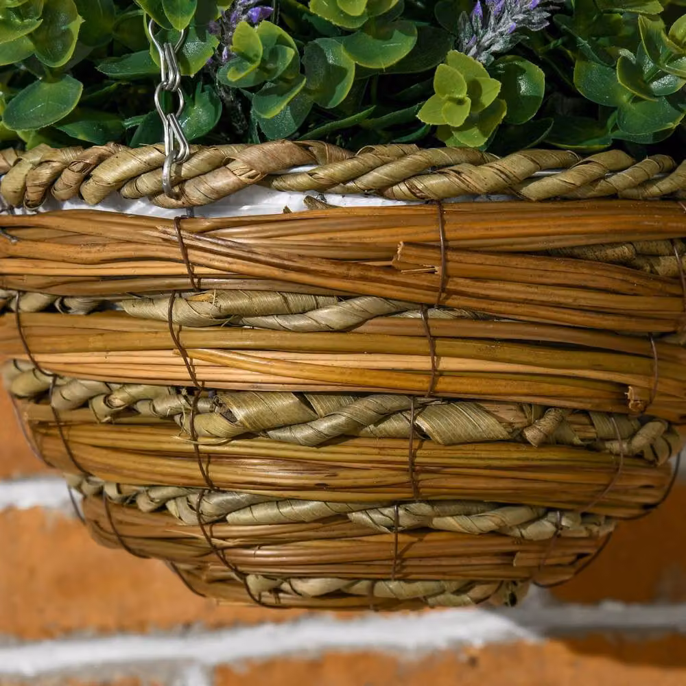 Wyld Haus Set of 2 Hanging Artificial Lavender Flower Pots in Purple and Green with Rattan Detail – 6