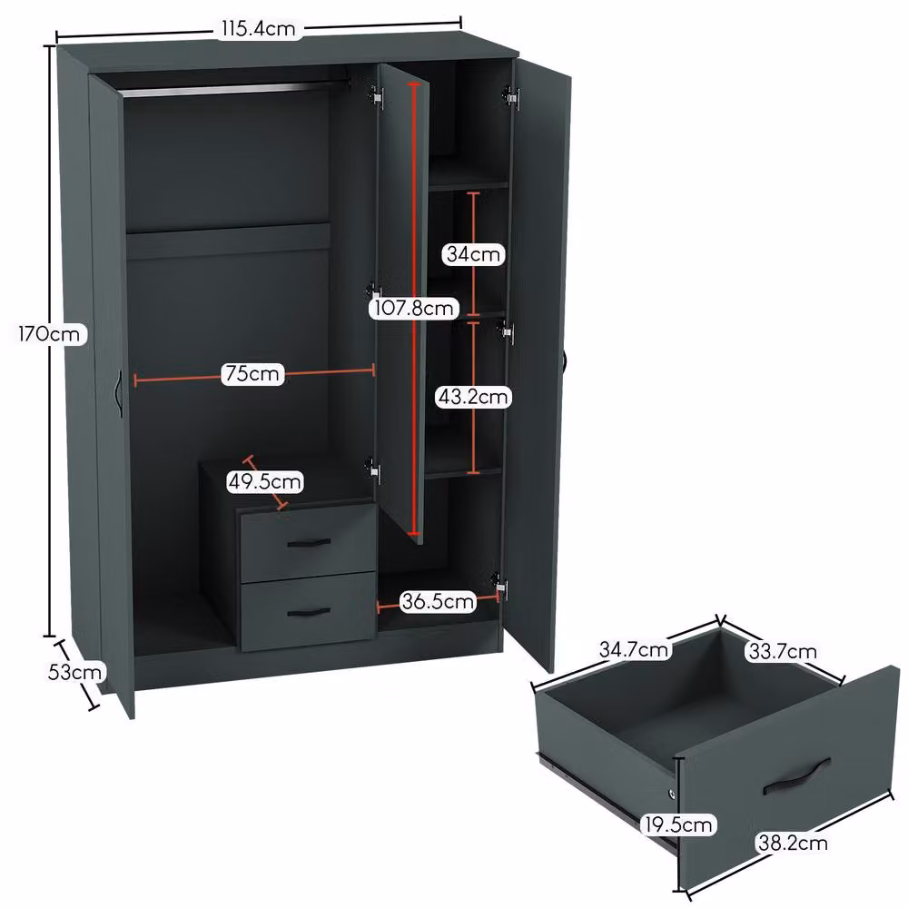 HD Designs Riano 3 Door 2 Drawer Mirrored Wardrobe in Green – 2