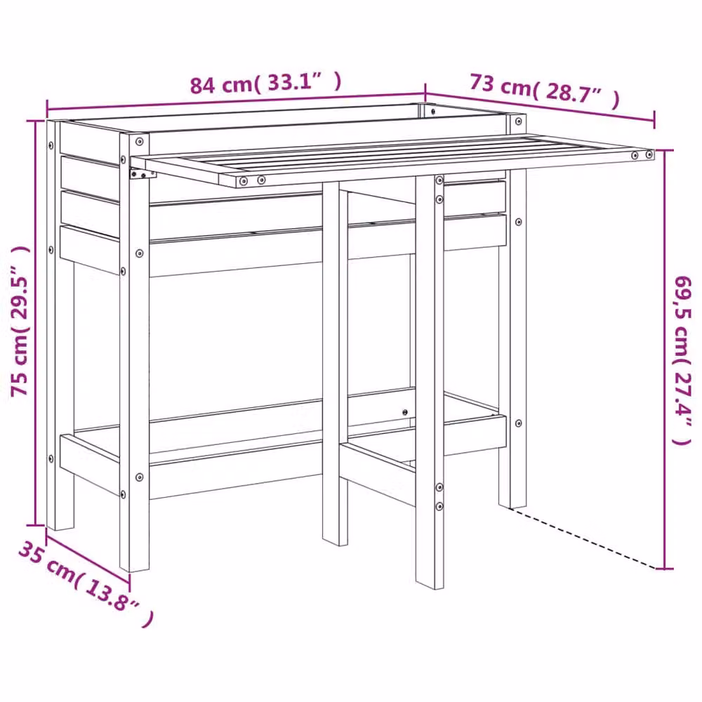 Berkfield Home Beautiful Garden Planter with Folding Tabletop in Black Solid Pine Wood, W/D/H: 75.0 x 73.0 x 73.0 cm – 9