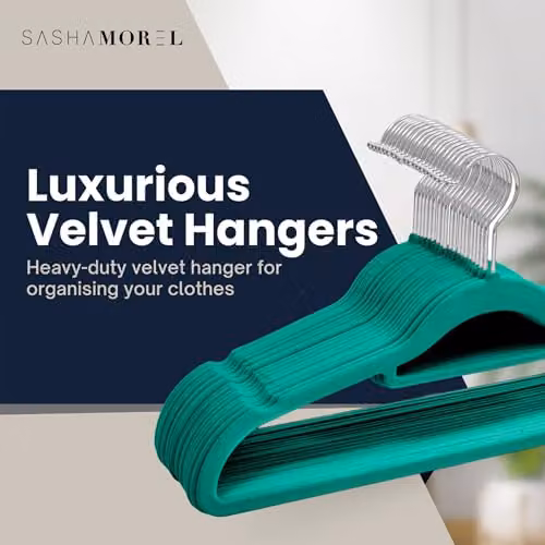 Sasha Morel 20 Pack Non-Slip Velvet Coat Hangers with Tie Organiser and Swivel Hooks in Green – 2