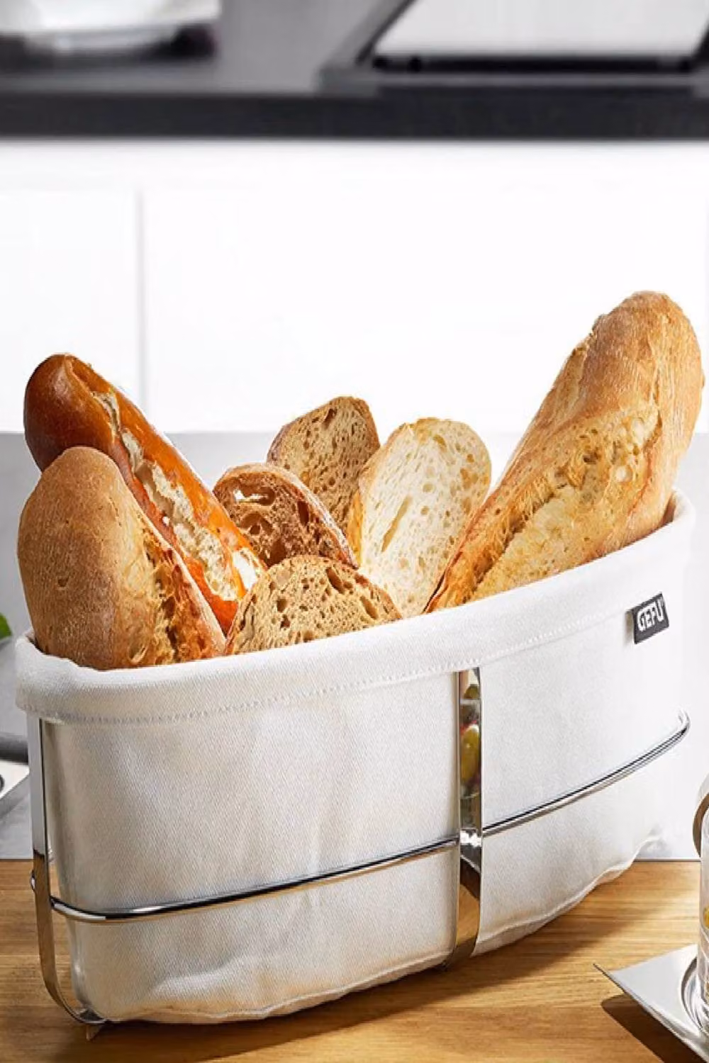 Gefu Brunch Oval Bread Basket in Stainless Steel with White Fabric Liner – 2