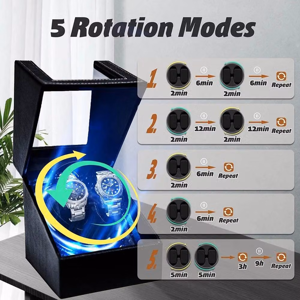 FLAVORA Carbon Fiber LED Watch Winder Box with 5 Rotation Modes in Black – 3