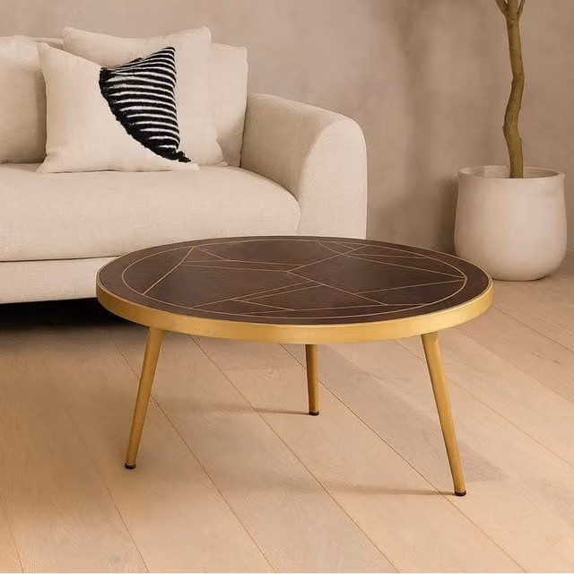 Wyld Haus Bandung Round Mango Wood Coffee Table with Gold Inlay in Brown, W/D/H: 80 x 80 x 45 cm