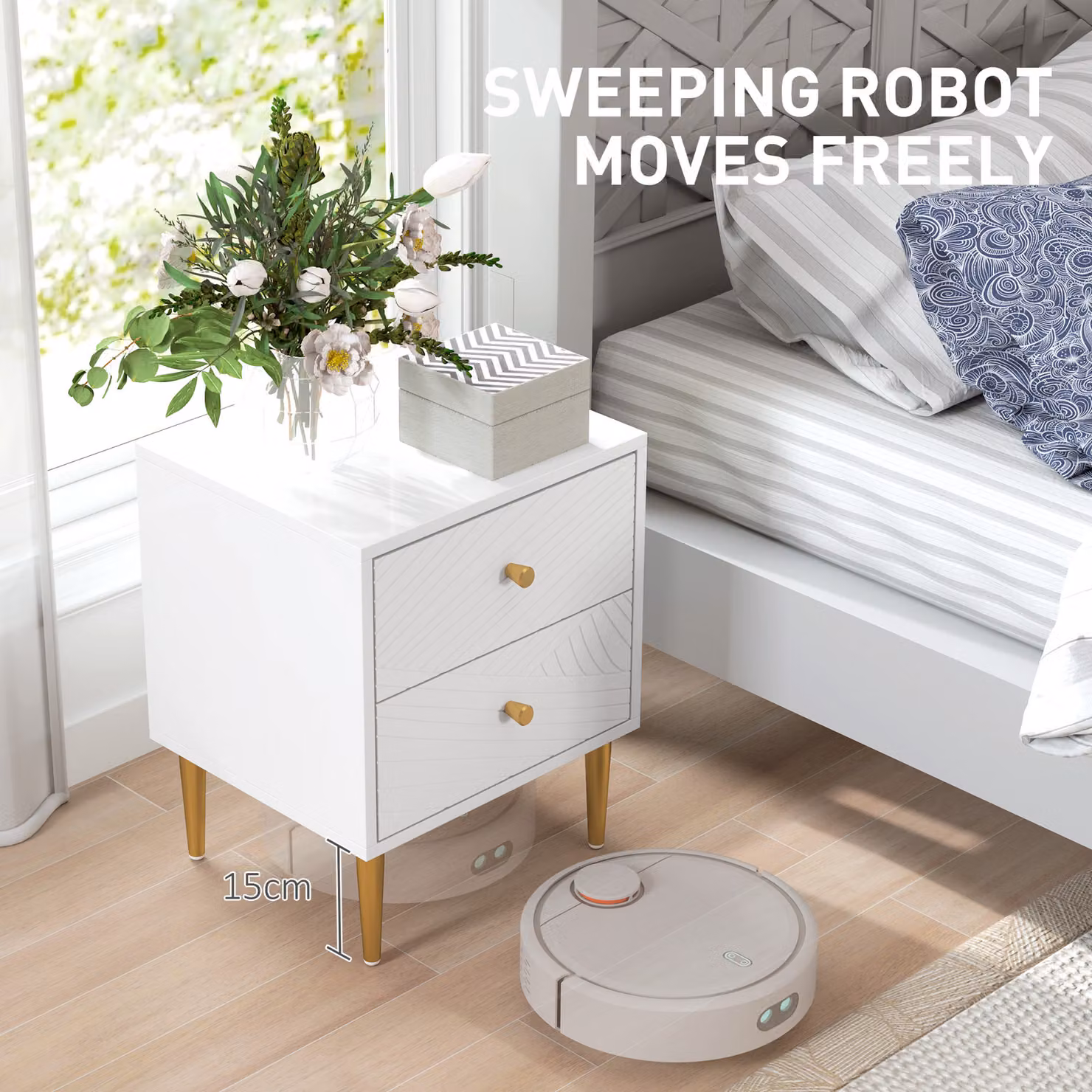 HOMCOM Elegant Two-Drawer Bedside Table in White and Gold-Tone – 4